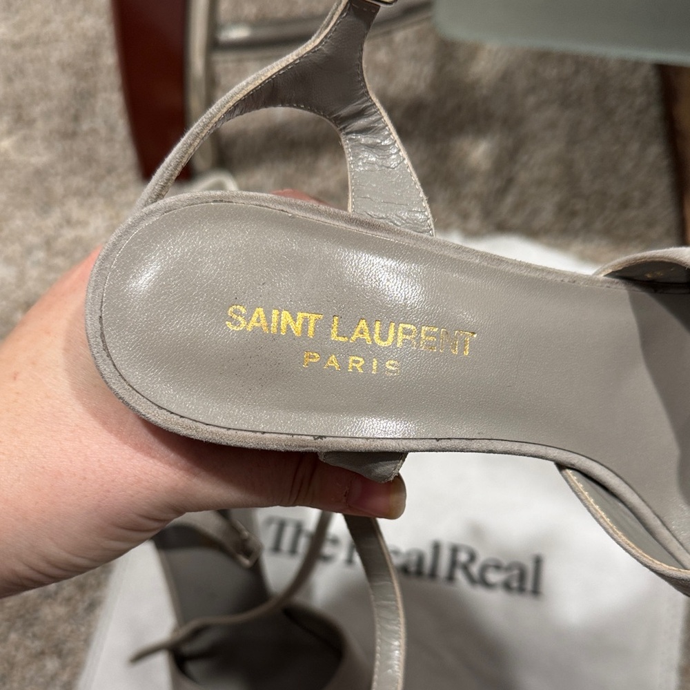 YSL Saint Laurent Women's Grey Suede Paige Heeled Sandals - Picture 2 of 9